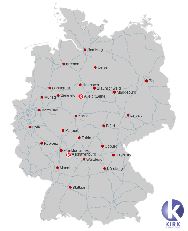 Deutschlandkarte mit Standorten des Ingenieurbüro Kirk und Tätigkeitsbereiche